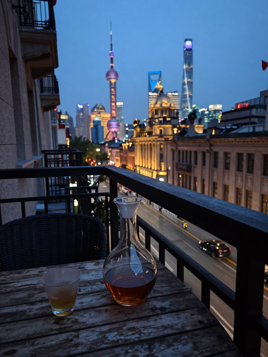 Shanghai Blue Hour Street Scene with Decanter and Cup on Balcony in in Shanghai, China