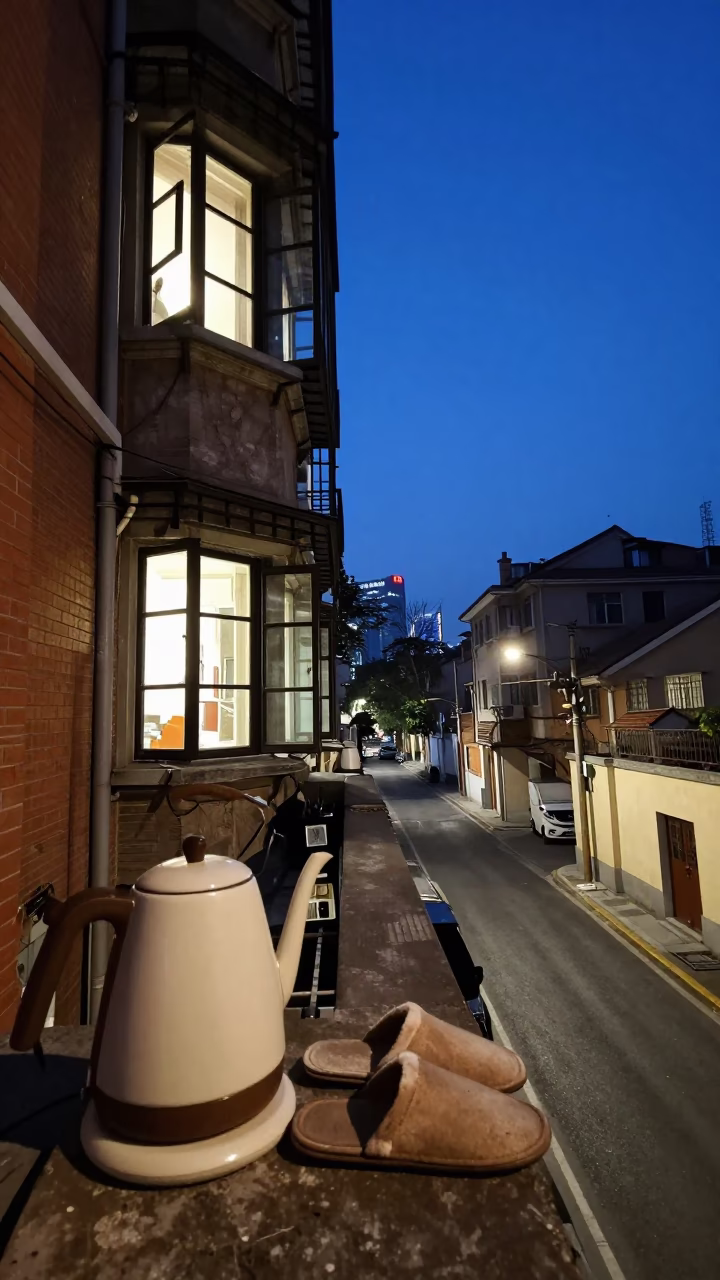 Shanghai Blue Hour Street Scene with Electric Kettle and Slippers on Balcony in in Shanghai, China