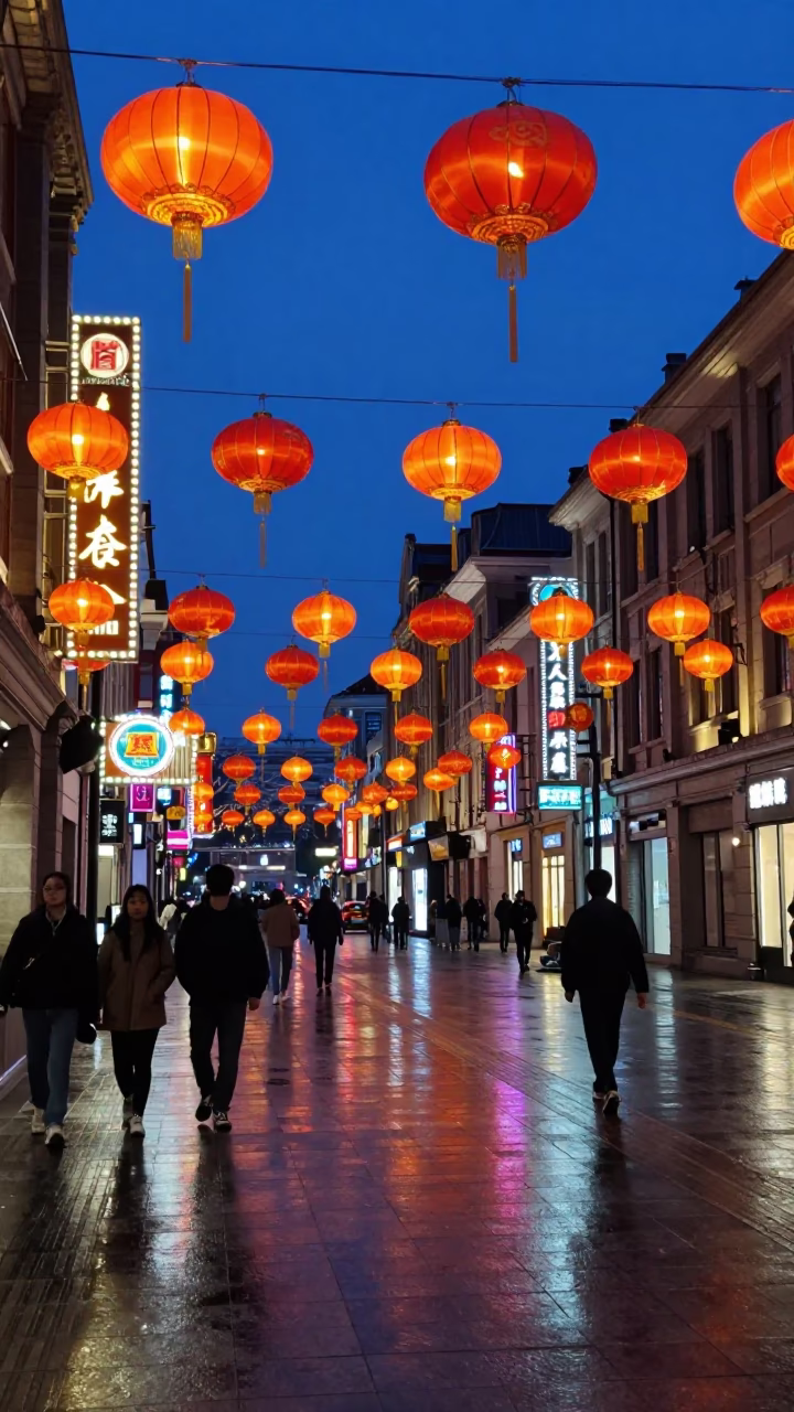 Shanghai Blue Hour Street Scene with Glowing Lanterns and Urban Life in in Shanghai, China
