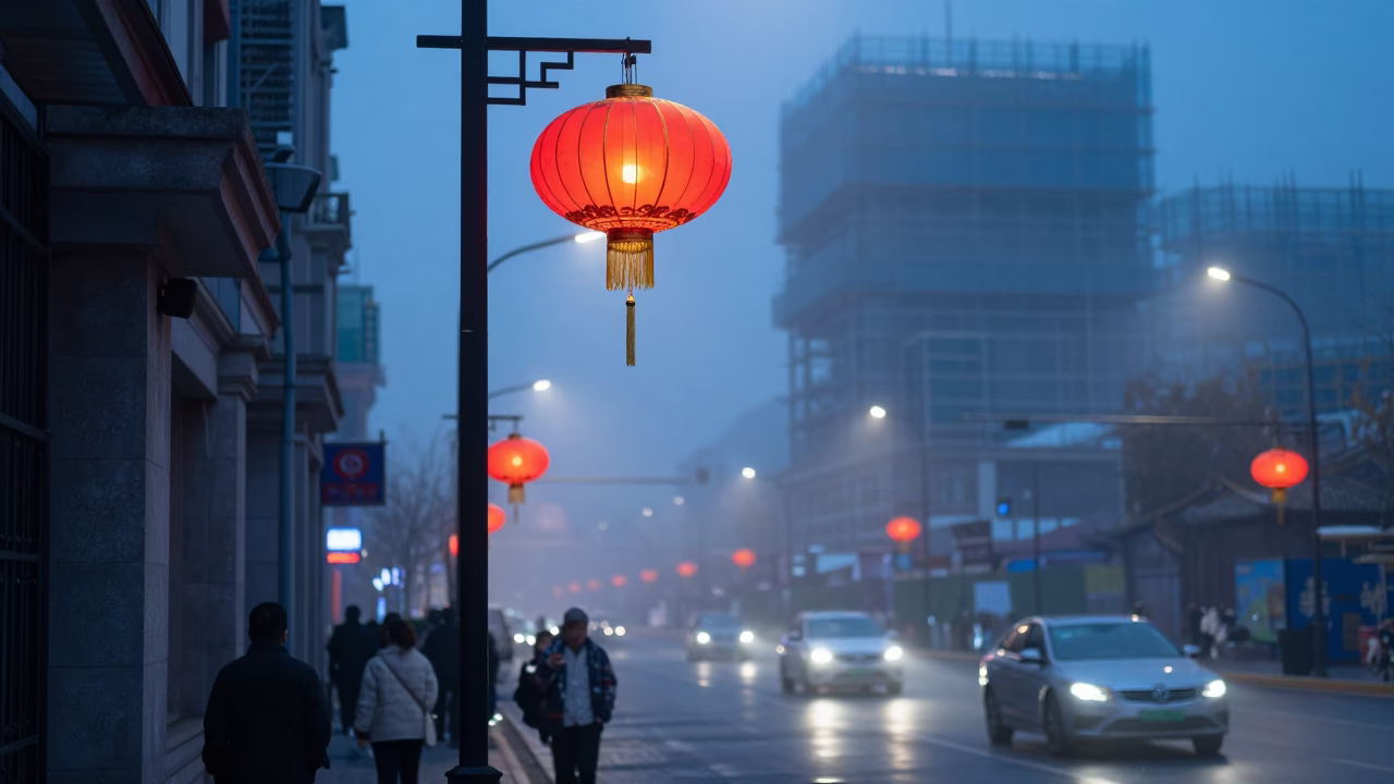 Shanghai Blue Hour Street Scene with Lantern and Construction Site in in Shanghai, China