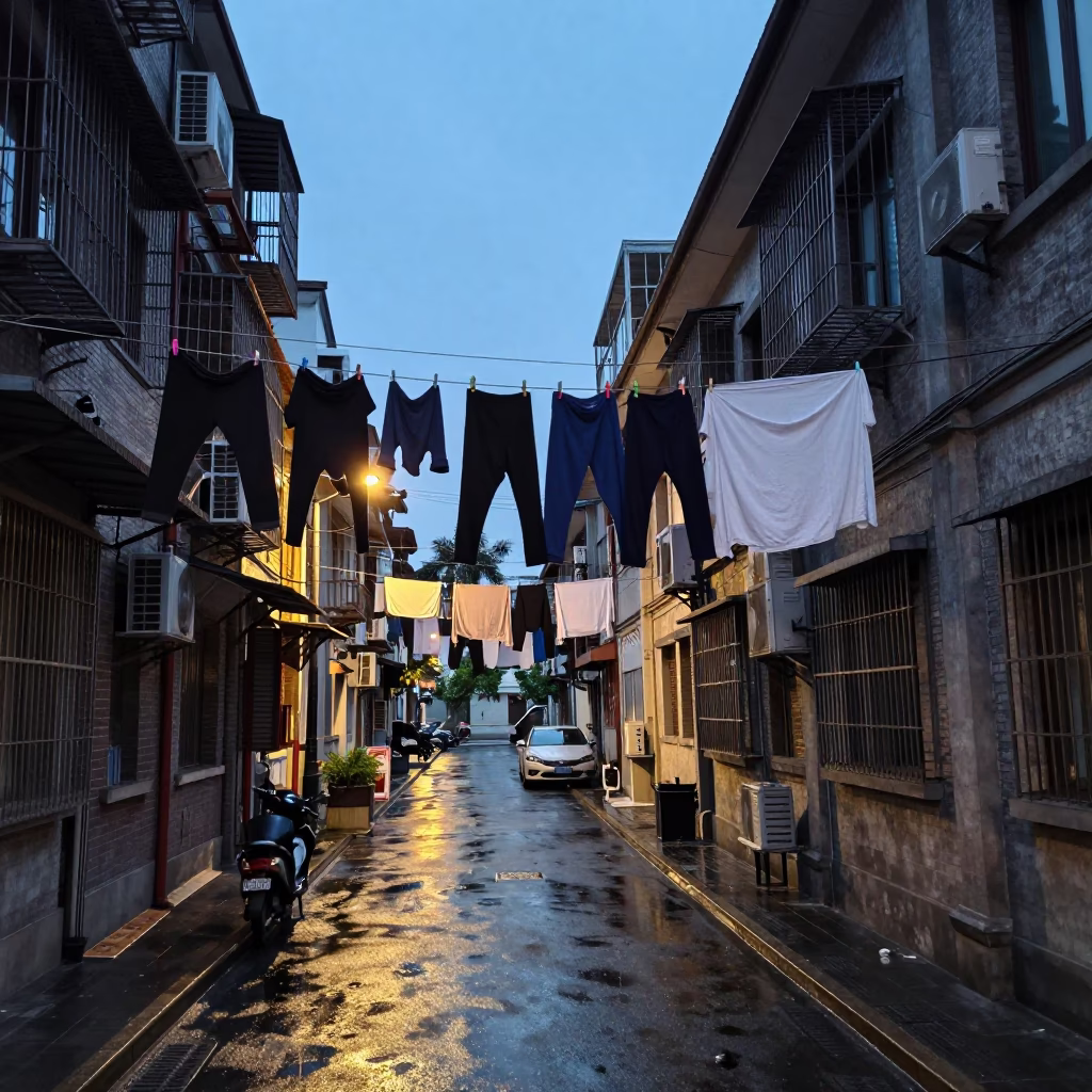Shanghai blue hour street scene with laundry lines and wet pavement reflections in in Shanghai, China