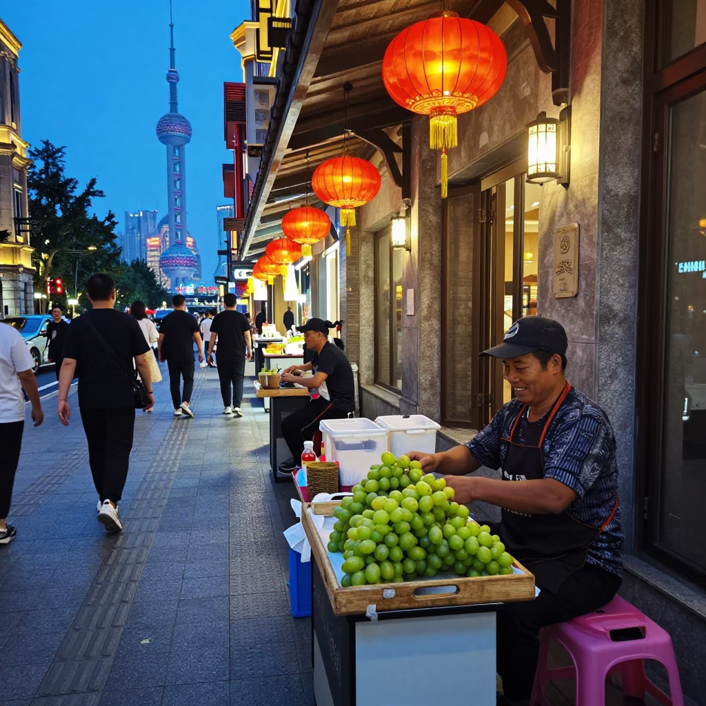 Shanghai Blue Hour Street Scene with Night Market Lanterns and Urban Life in in Shanghai, China