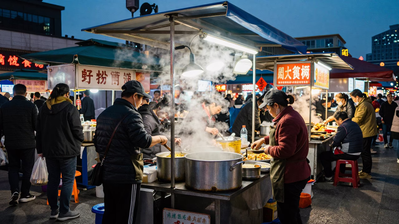 Shanghai Blue Hour Street Scene with Night Market Vendors and Neon Reflections in in Shanghai, China