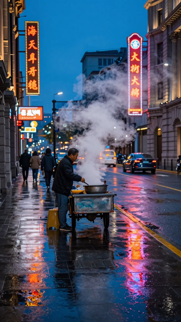 Shanghai Blue Hour Street Scene With Steam And Neon Reflections in in Shanghai, China