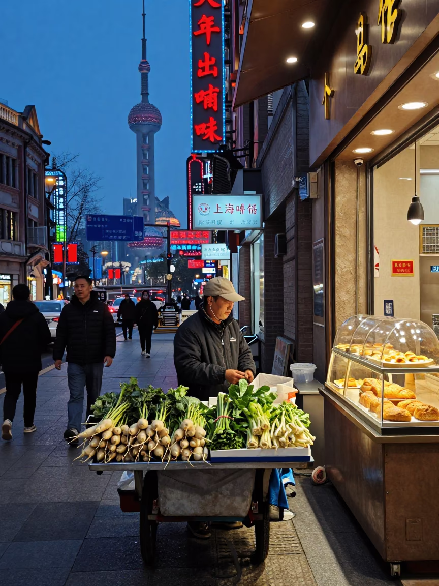 Shanghai Blue Hour Street Scene with Street Vendor and Pedestrians in in Shanghai, China