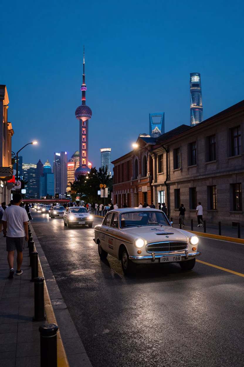 Shanghai Blue Hour Street Scene with Vintage Car Rally and Local Details in in Shanghai, China