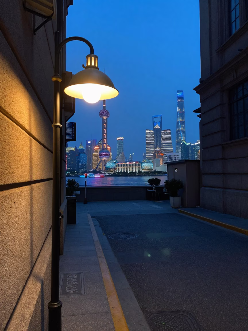 Shanghai Blue Hour Street Scene with Vintage Desk Lamp and Urban Life in in Shanghai, China