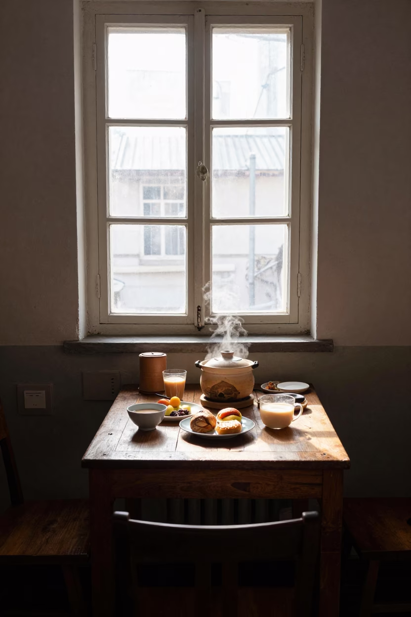 Shanghai Breakfast Scene at As First Light Reaches The Scene in in Shanghai, China