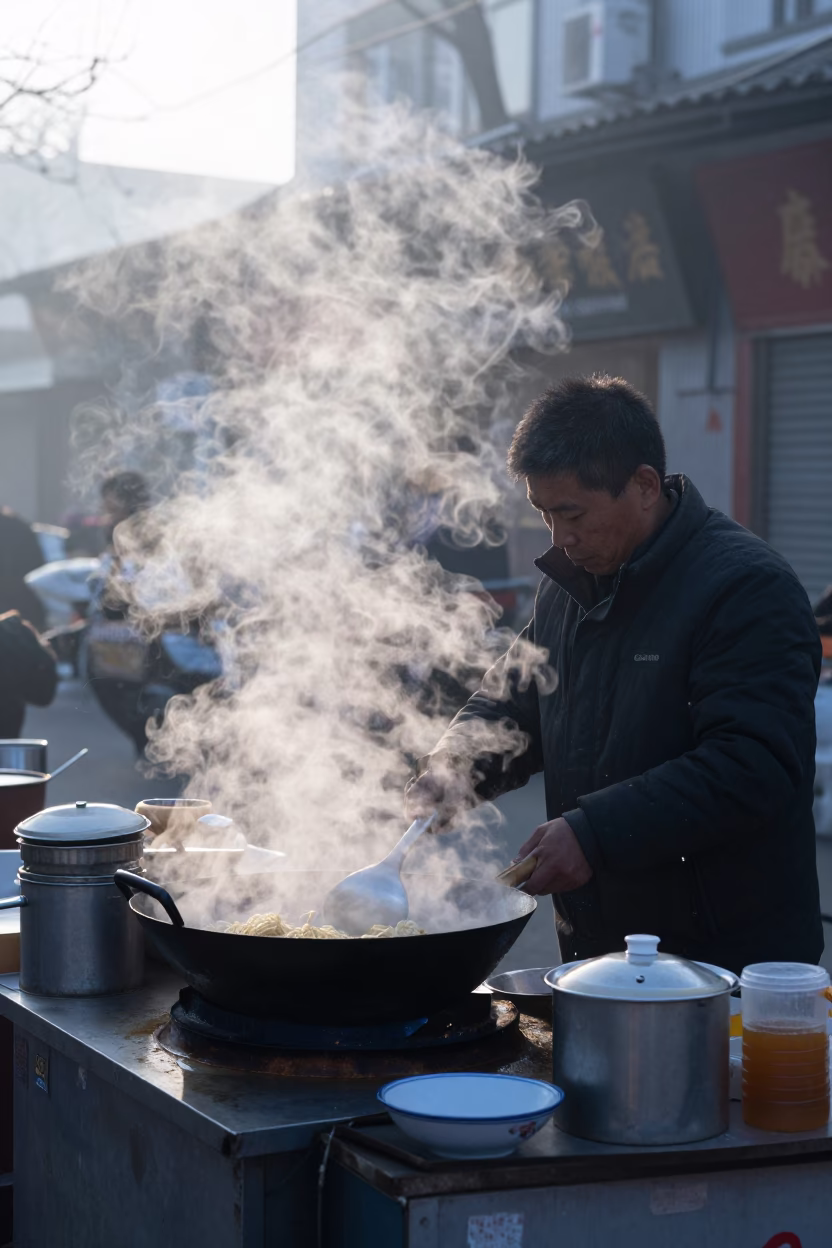 Shanghai Breakfast Stall Before Sunrise Steaming Noodles and Local Dining in in Shanghai, China