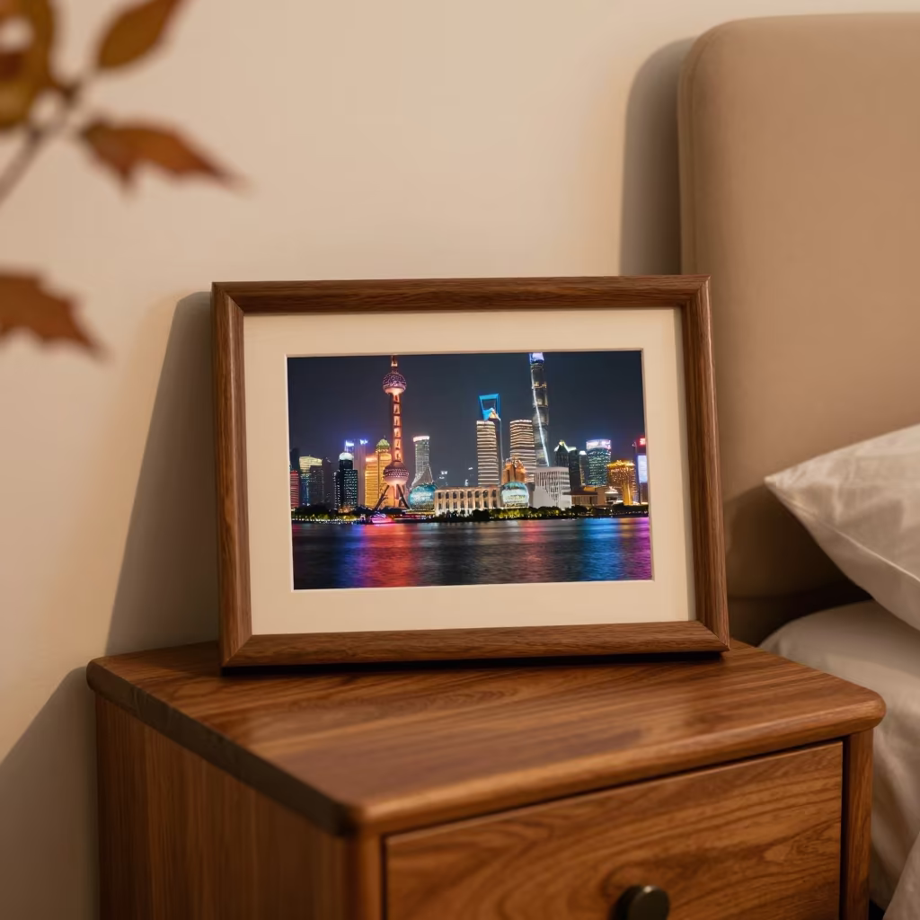 Shanghai Bund Neon Reflection on Night Table in on a bedside table in Valencia