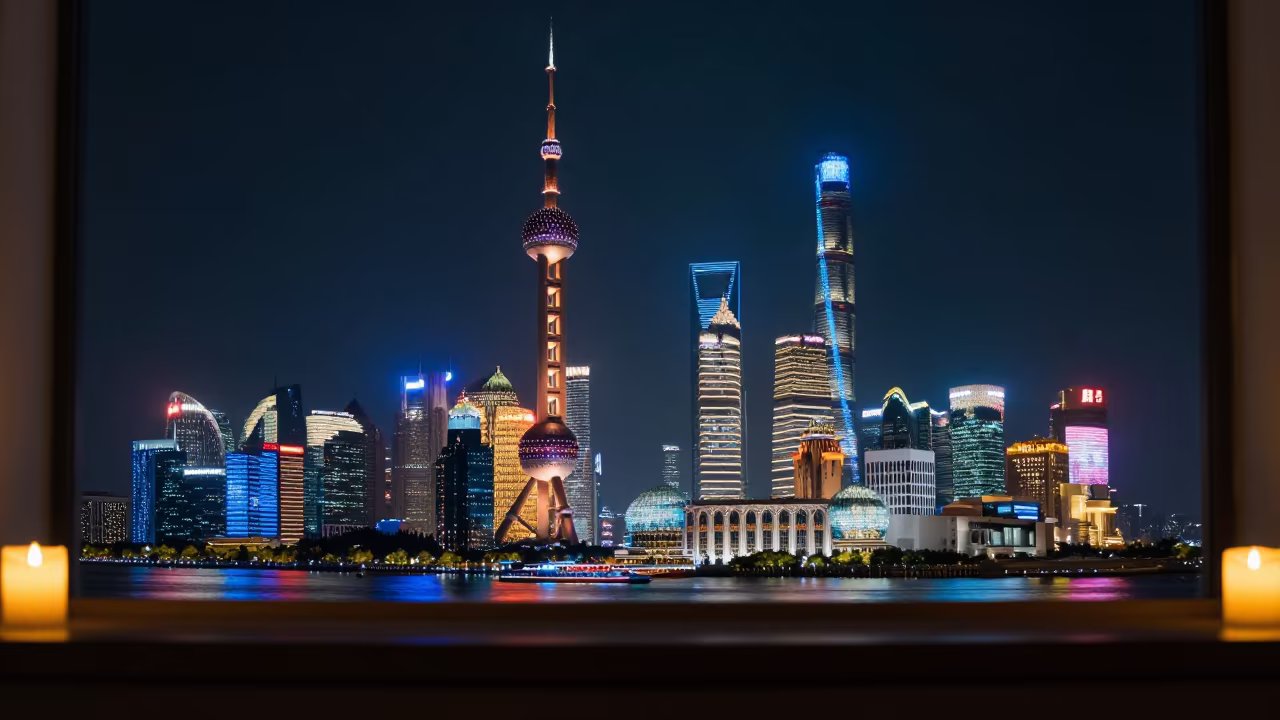 Shanghai Bund Neon Skyline Candle Display in on a painted display ledge in Zhujiajiao, Shanghai