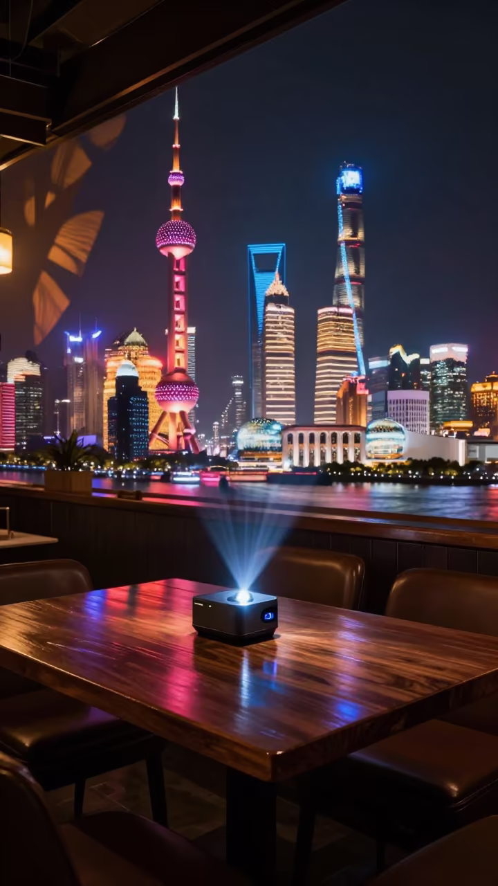Shanghai Bund Neon Skyline Projected on Cafe Table in on a cafe table by a window in Albuquerque
