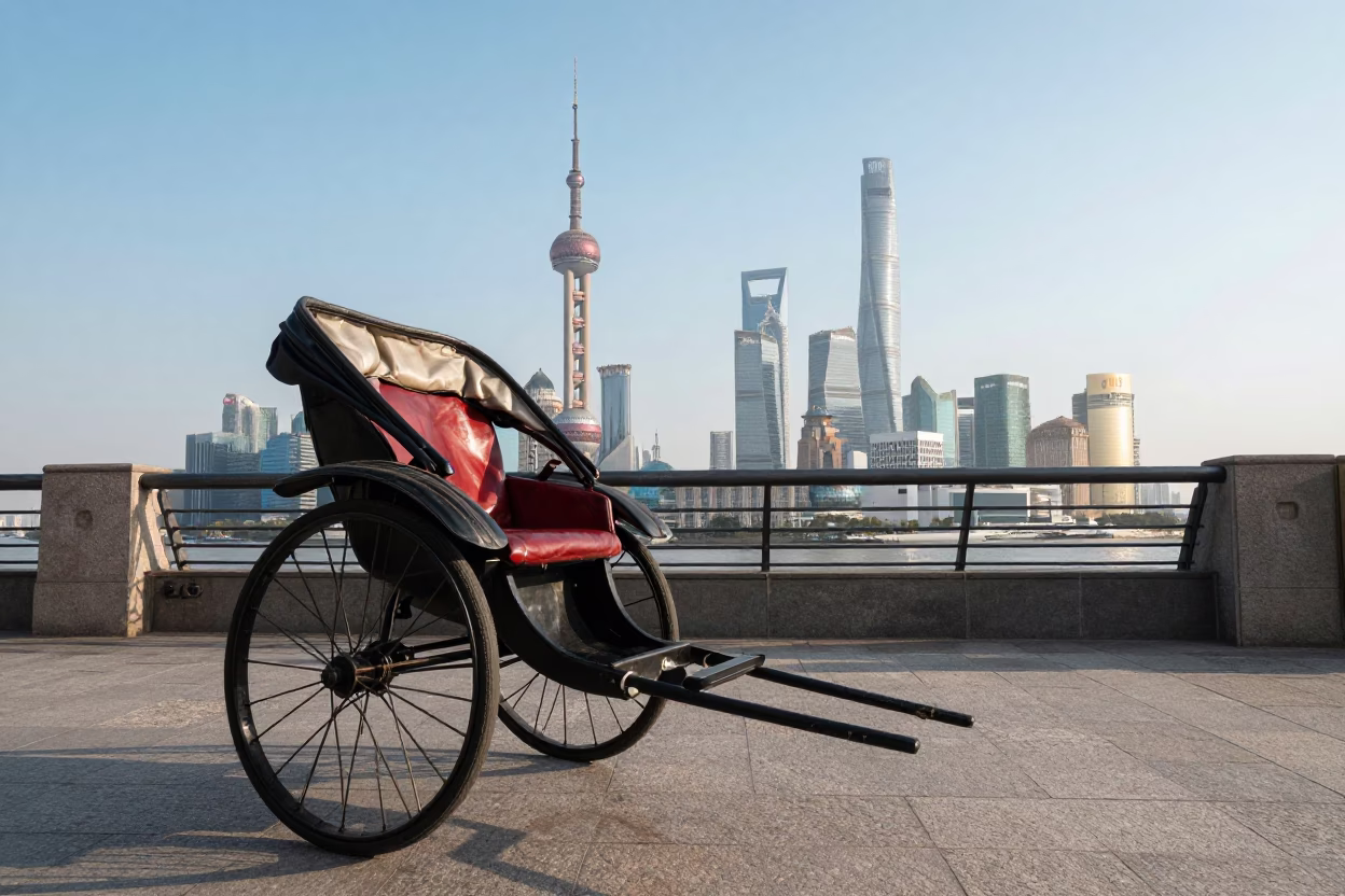 Shanghai Bund Skyline at Late Afternoon Light with Traditional Rickshaw in in Shanghai, China