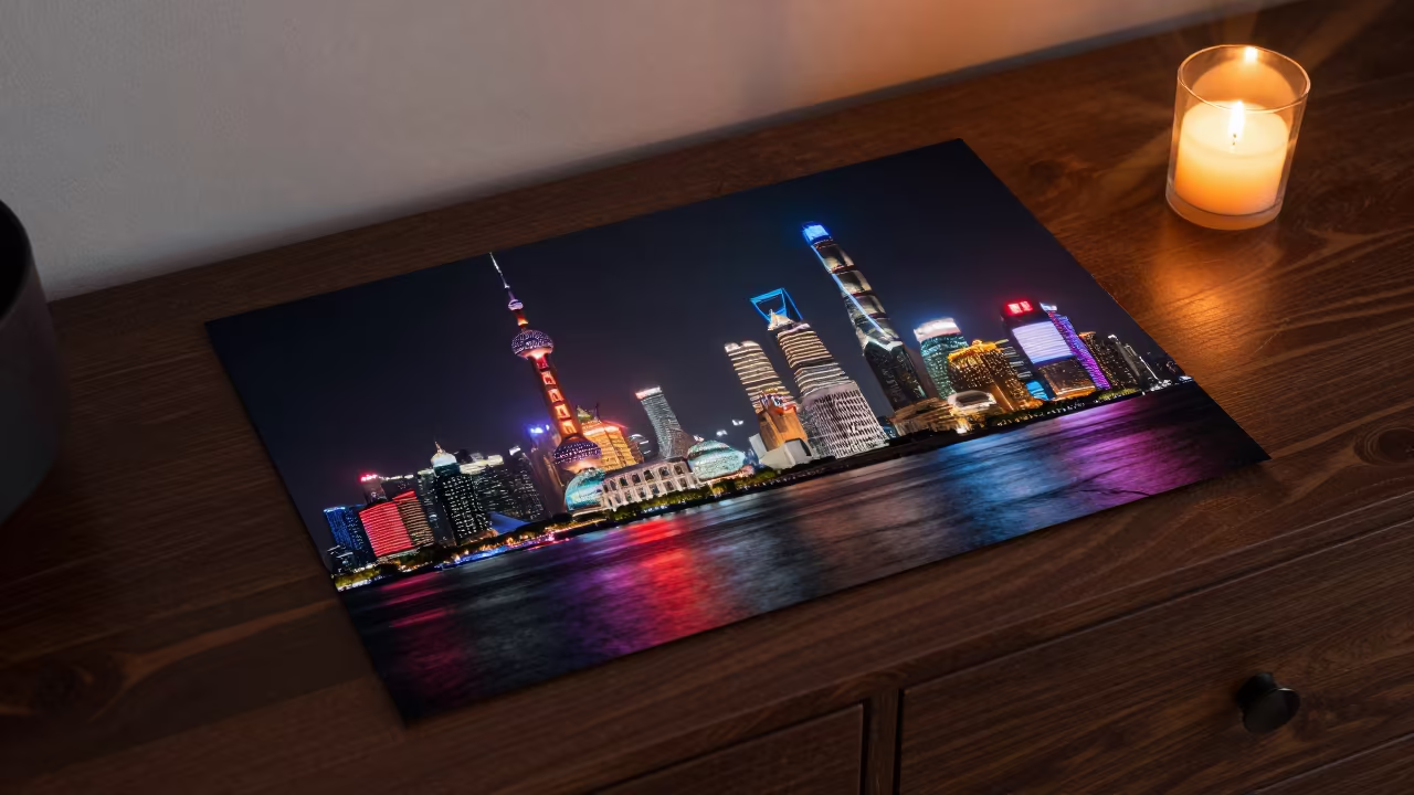 Shanghai Bund Skyline Neon Reflections on Hotel Dresser in on a hotel dresser in Design District, Helsinki