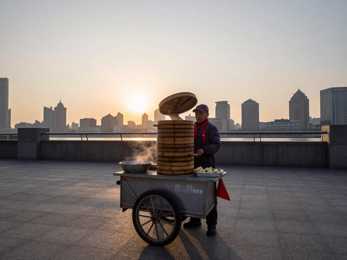 Shanghai Bund street food vendor preparing har gow bamboo steamers at sunset in in Shanghai, China