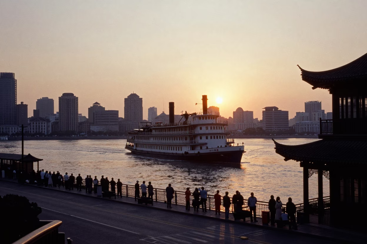 Shanghai Bund Sunset Street Scene with Steamboat and Traditional Elements in in Shanghai, China