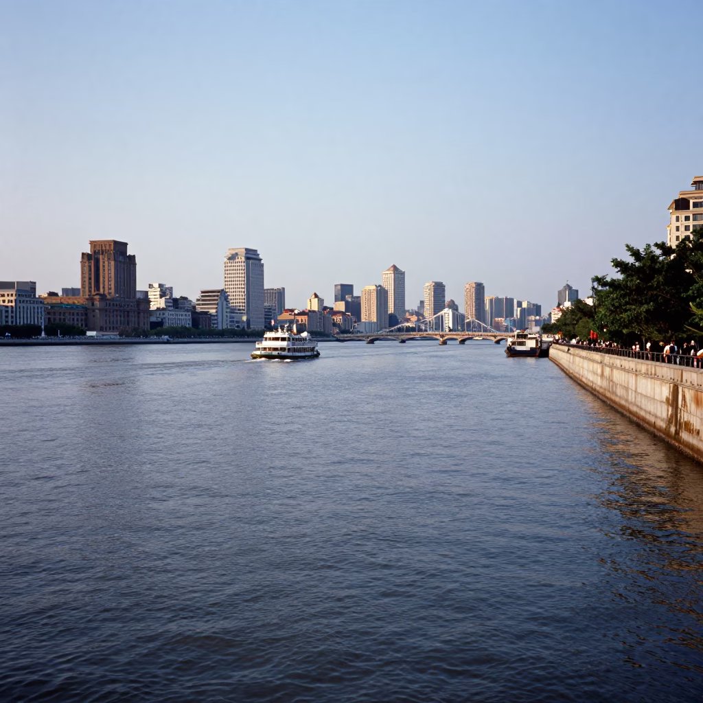 Shanghai Bund Waterfront at Evening Light in in Shanghai, China