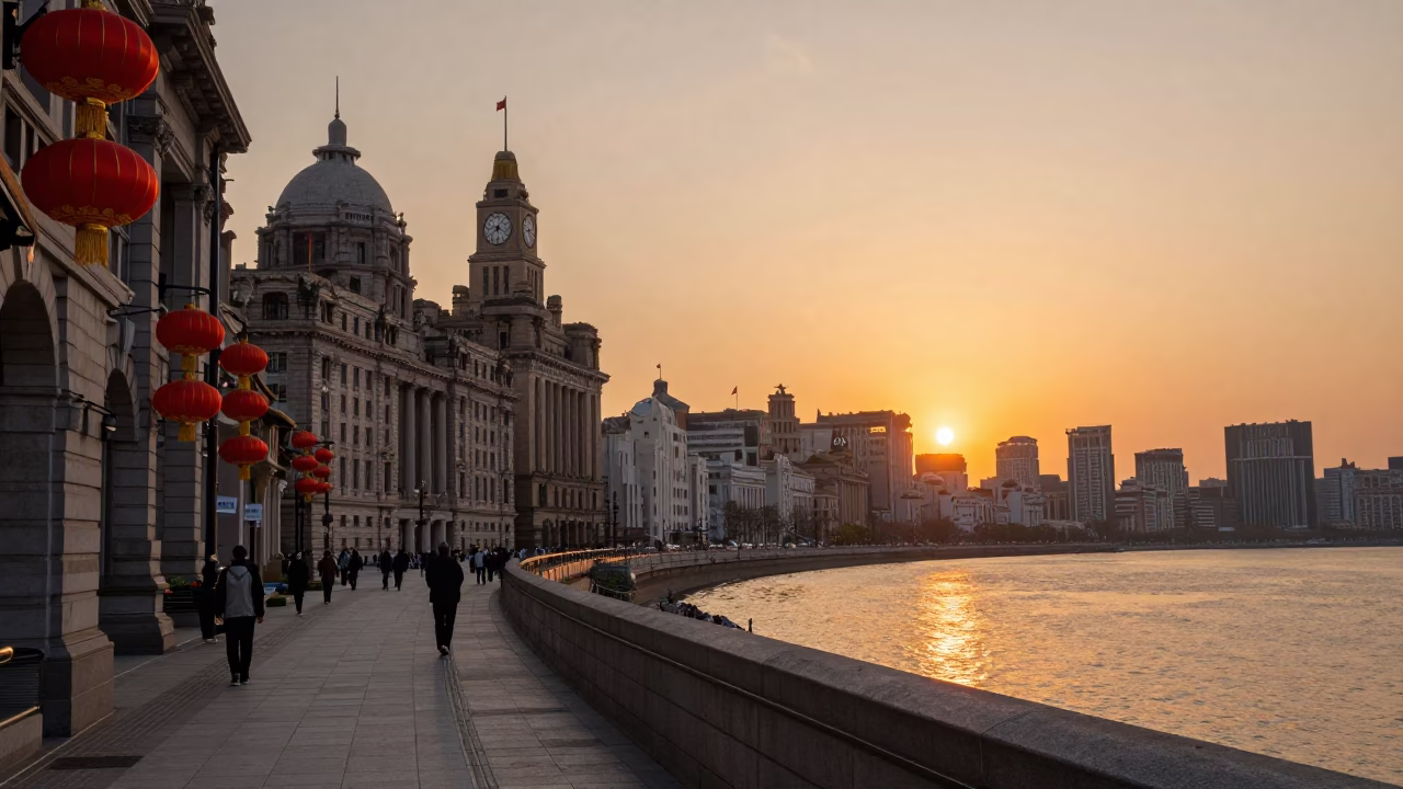 Shanghai Bund waterfront at sunset with traditional red lanterns and historic colonial architecture in in Shanghai, China