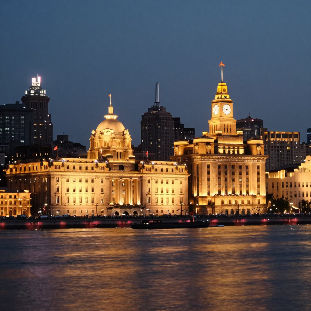 Shanghai Bund waterfront dusk with historic colonial architecture and modern skyline reflections in in Shanghai, China