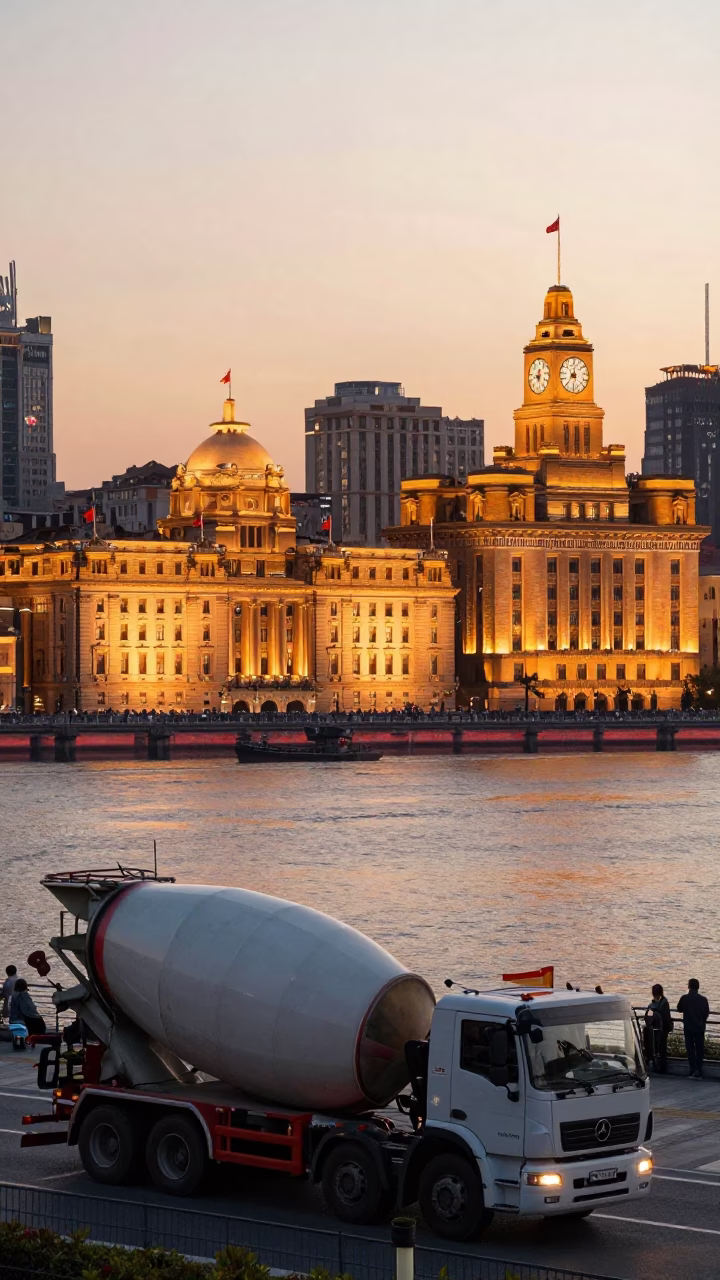 Shanghai Bund waterfront evening view with cement mixer truck and traditional junk boat in in Shanghai, China