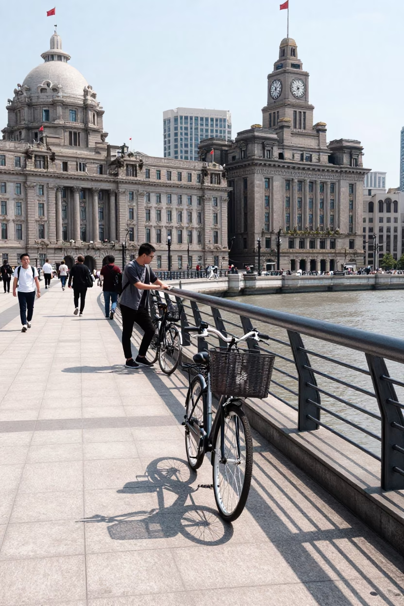 Shanghai Bund waterfront promenade at midday with bicycle basket and historic colonial architecture in in Shanghai, China