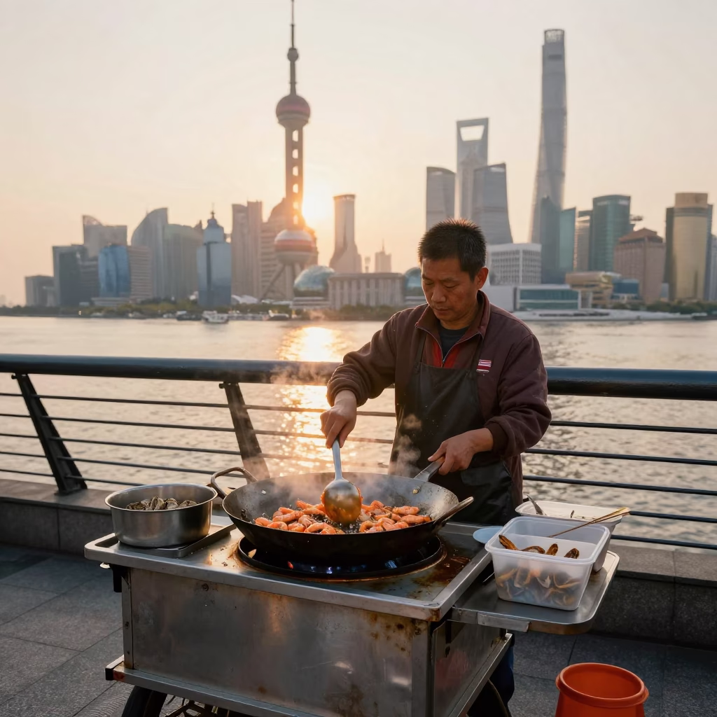 Shanghai Bund waterfront street vendor cooking seafood at golden hour with city skyline backdrop in in Shanghai, China