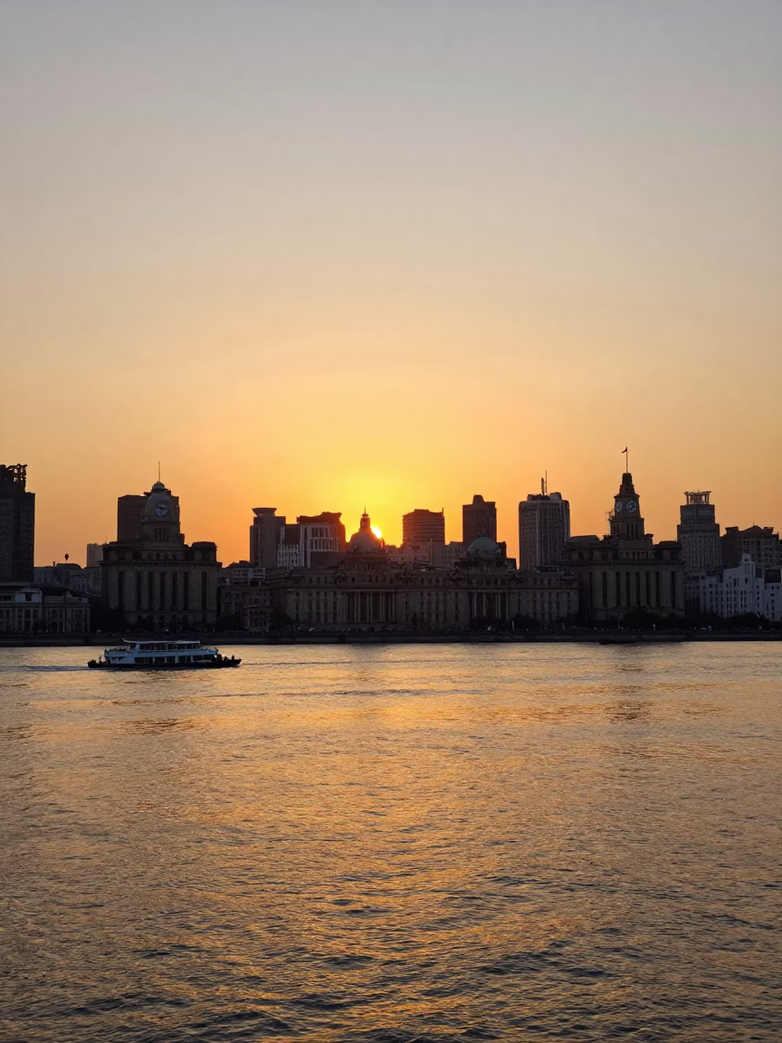 Shanghai Bund waterfront sunset with yellow river and modern skyline photography in in Shanghai, China