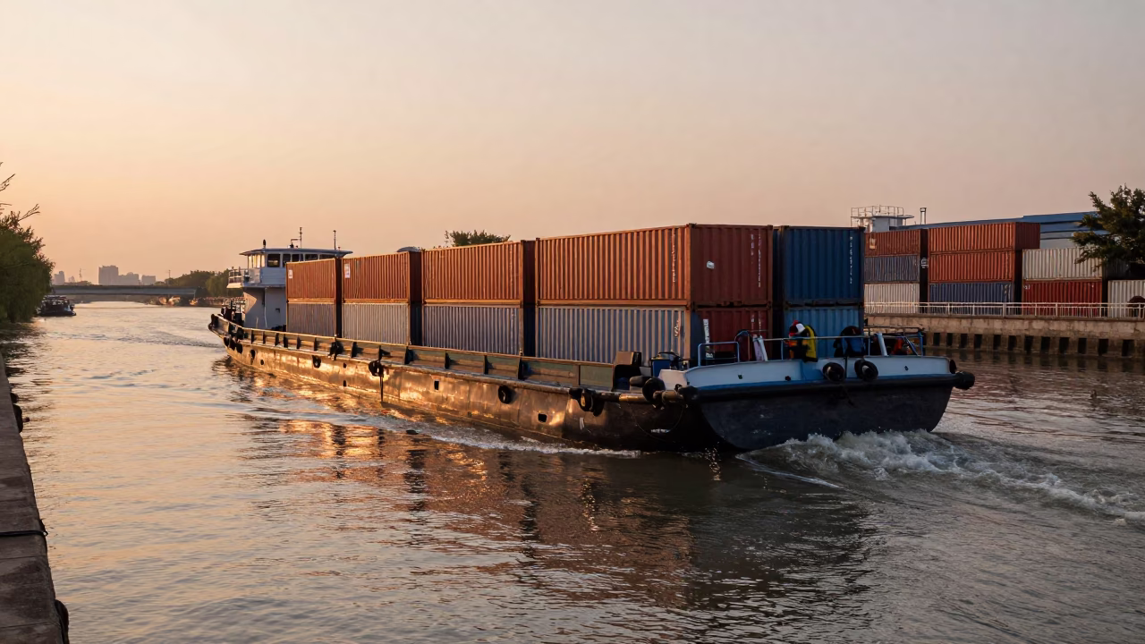 Shanghai Canal Barge Cargo in Copper Toned Dusk Light Near Water Town in in Shanghai, China