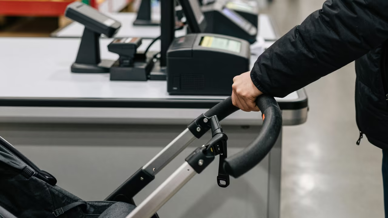 Shanghai Checkout Stroller Buckle Detail in at a checkout lane under flat store light in Shanghai