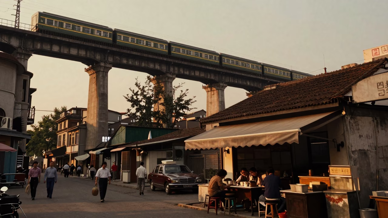 Shanghai China 1970s Evening Street Scene with Railway Viaduct and Local Dining in in Shanghai, China