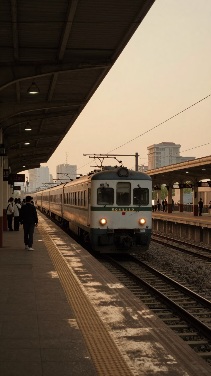 Shanghai China 1980s Honeyed Evening Light Commuter Train Platform Scene in in Shanghai, China