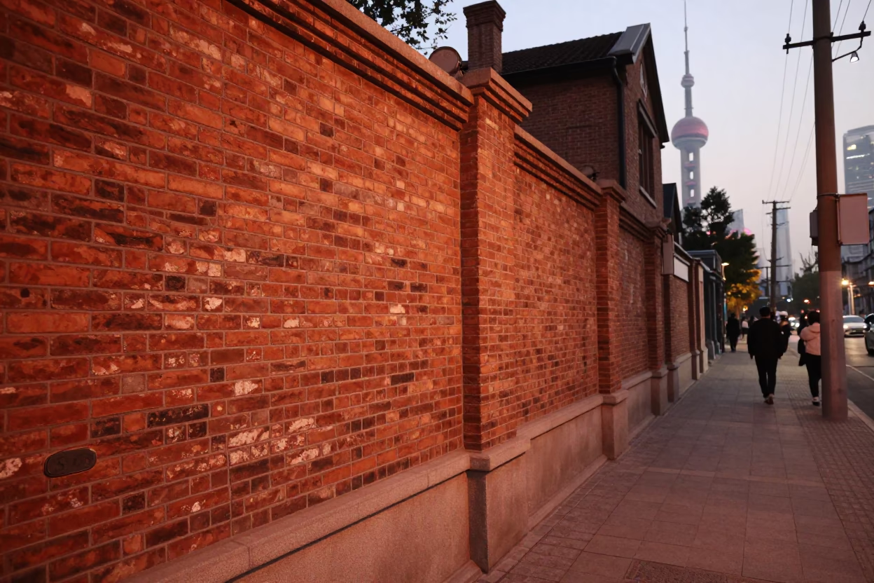 Shanghai China 1980s Street Scene with Red Brick Wall and Wooden Door in in Shanghai, China