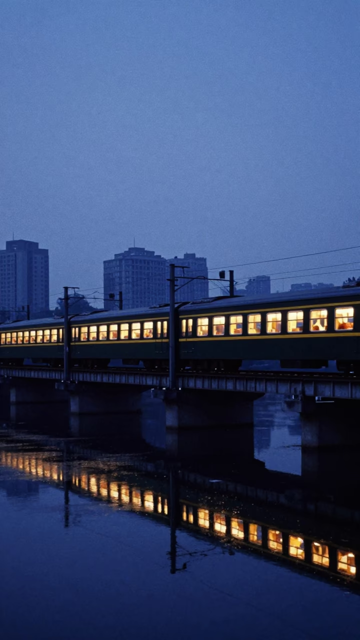 Shanghai China before dawn railway viaduct arches passing train reflection in in Shanghai, China