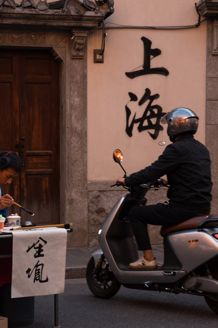 Shanghai China Copper Dusk Street Scene with Scooter and Calligraphy Brush Vendor in in Shanghai, China