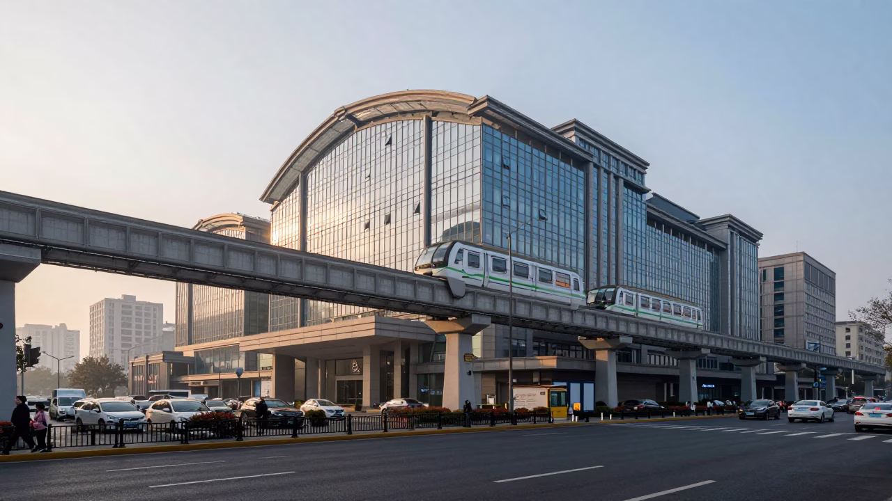 Shanghai China Early Morning Street Scene with Monorail and Glass Towers in in Shanghai, China