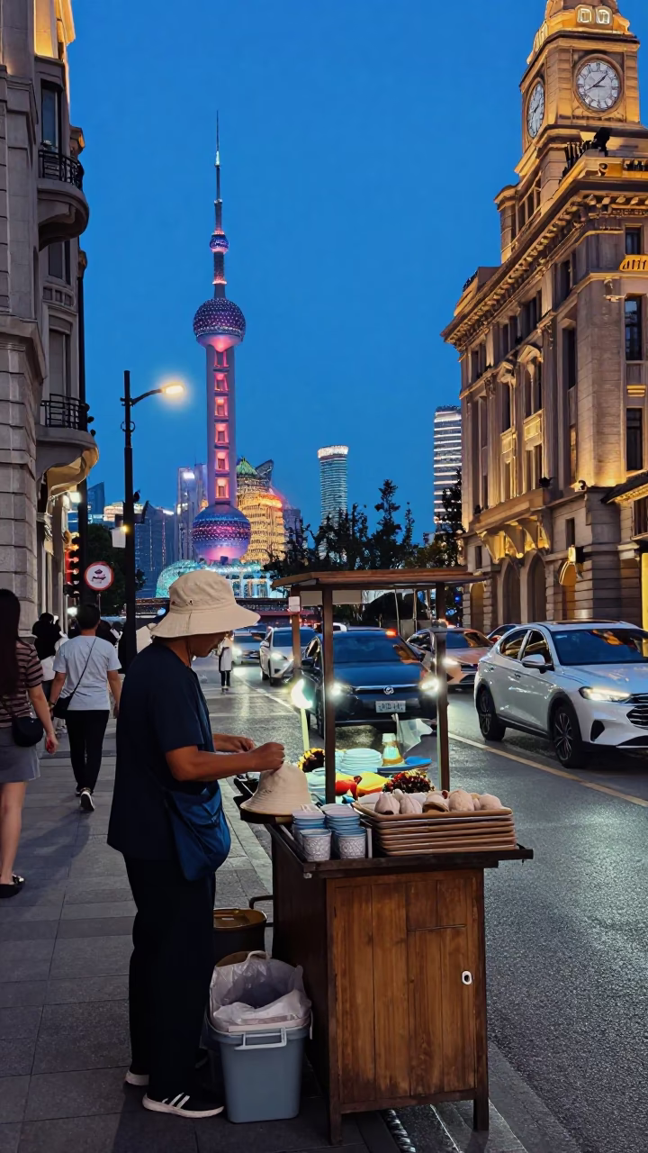 Shanghai China Evening Street Scene with Sun Hats and Local Life in in Shanghai, China