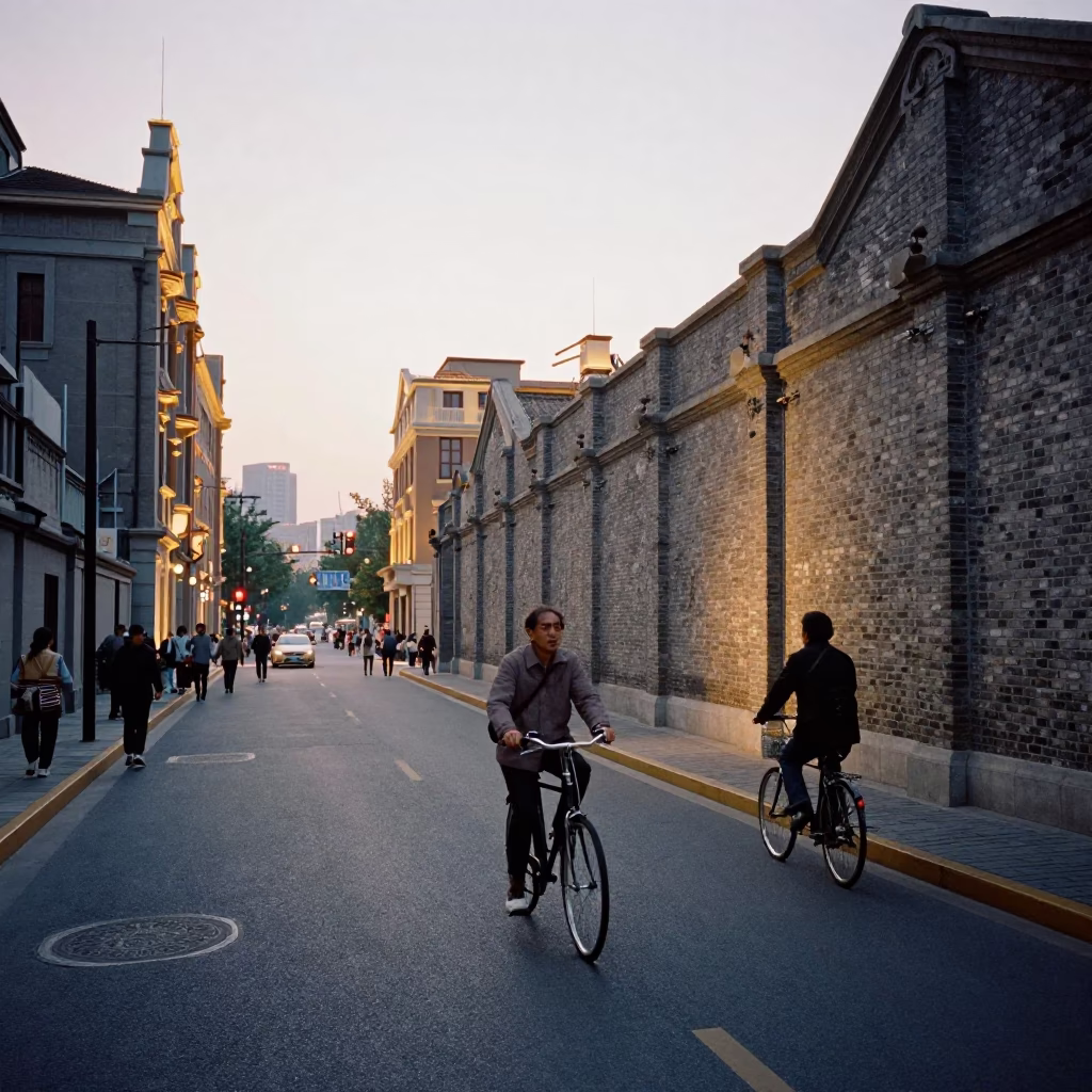 Shanghai China honeyed evening light street scene with bicycle rider and traditional architecture in in Shanghai, China