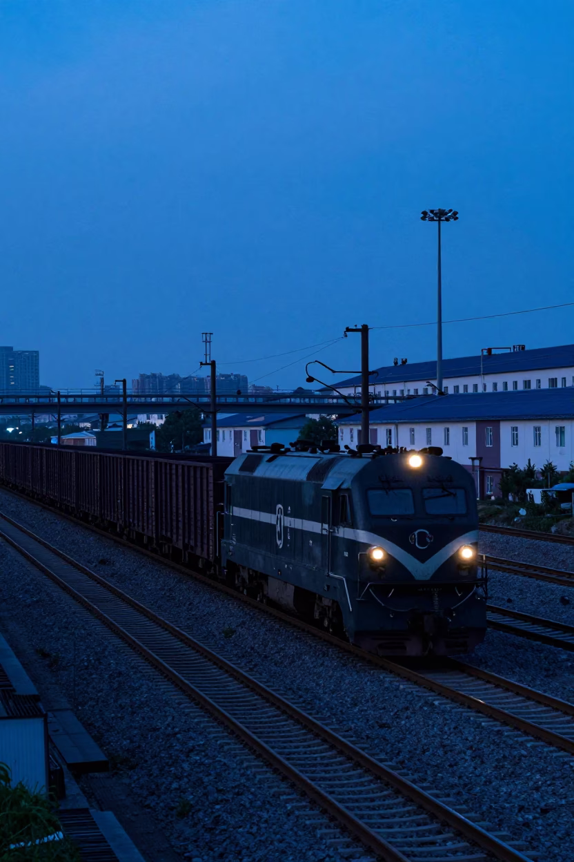 Shanghai China indigo twilight freight train passing rail yard near urban skyline in in Shanghai, China