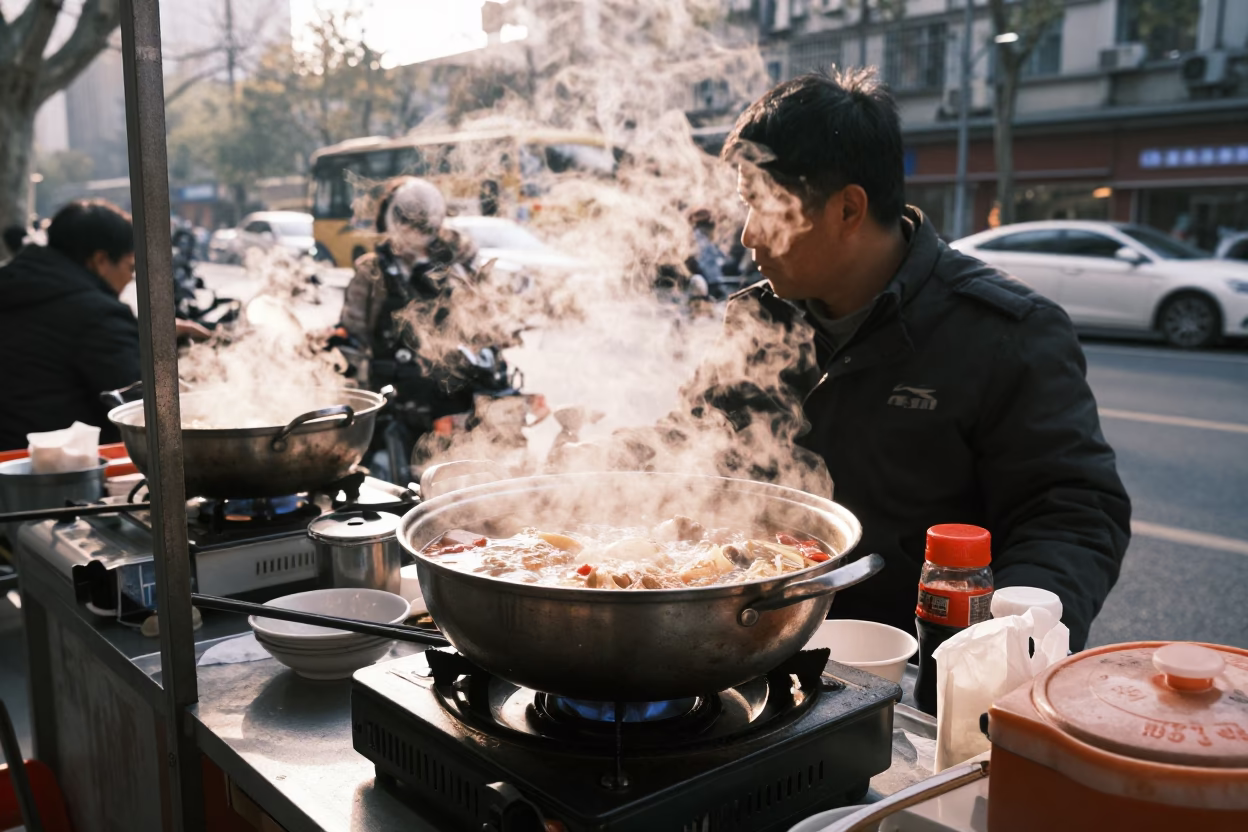Shanghai China Late Morning Street Scene with Steaming Hotpot Vendor in in Shanghai, China