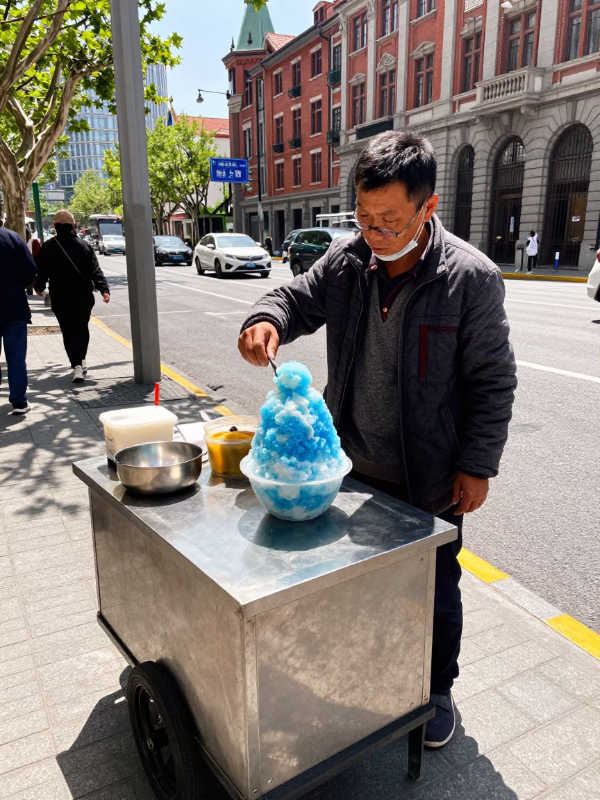 Shanghai China Midday Street Scene with Bowl of Shaved Ice and Condensed Milk in in Shanghai, China