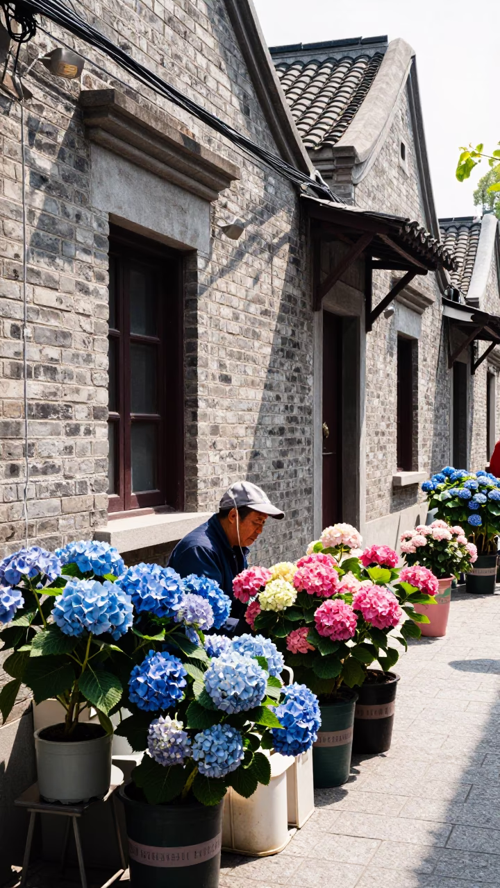 Shanghai China Midmorning Street Scene with Hydrangeas and Traditional Architecture in in Shanghai, China