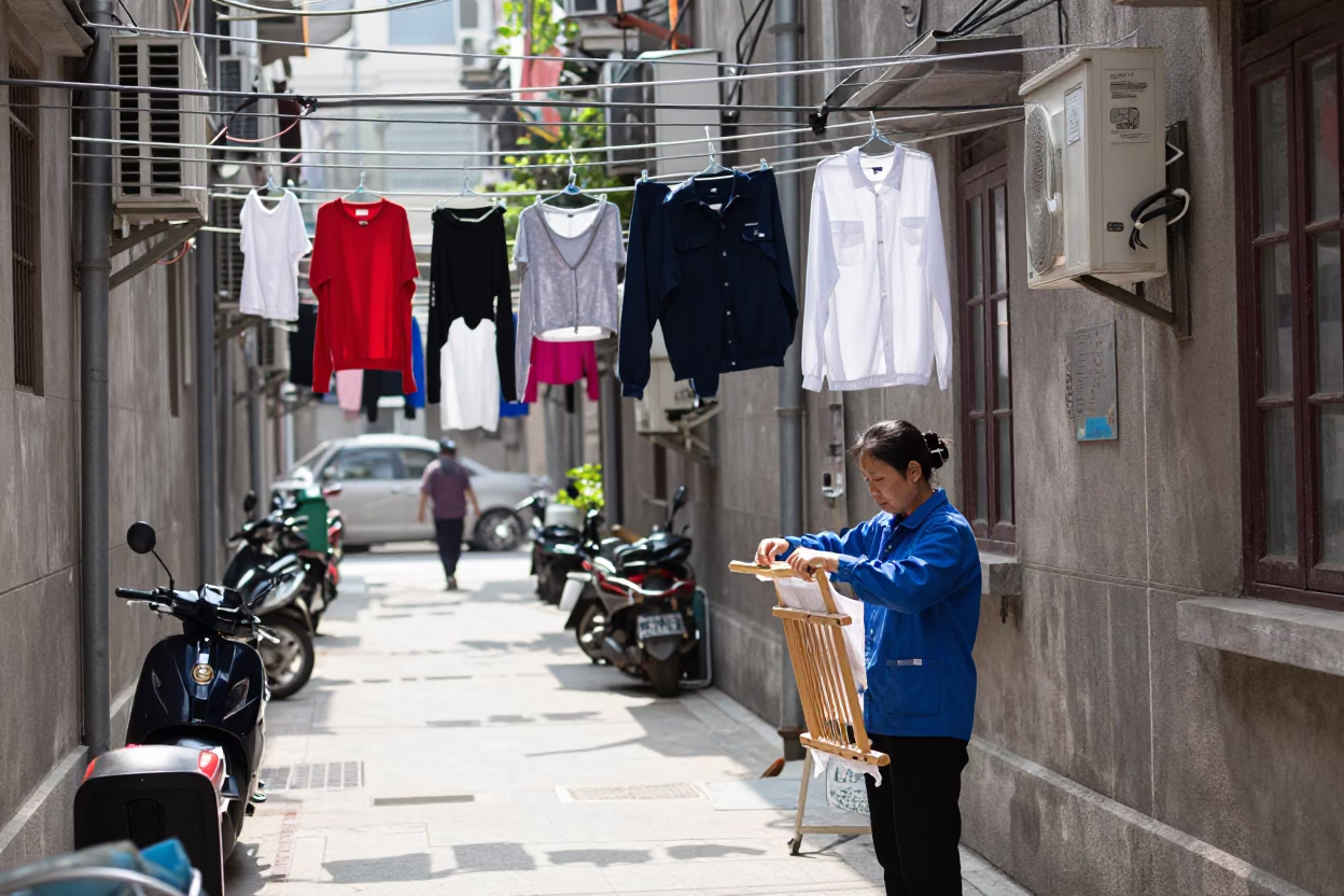Shanghai China midmorning street scene with laundry lines and urban daily life in in Shanghai, China