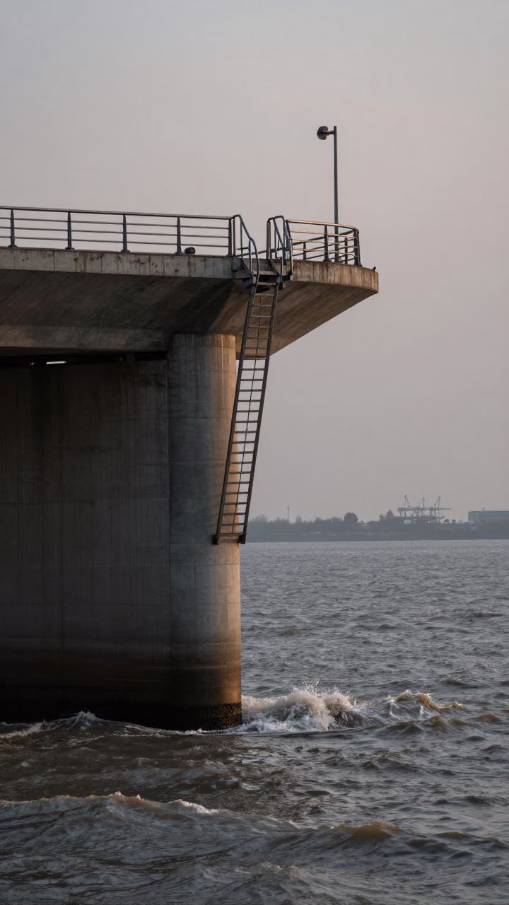 Shanghai China Nautical Dawn Bridge Pier Inspection Ladder Above Choppy Estuary Water in in Shanghai, China