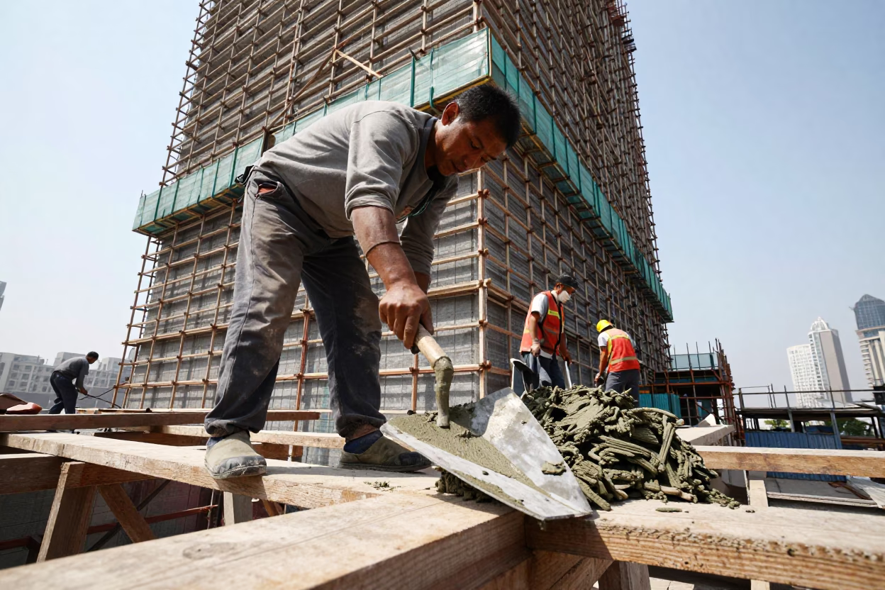 Shanghai China Noon Construction Site Mason's Trowel Wet Mortar Scaffold Urban Development in in Shanghai, China