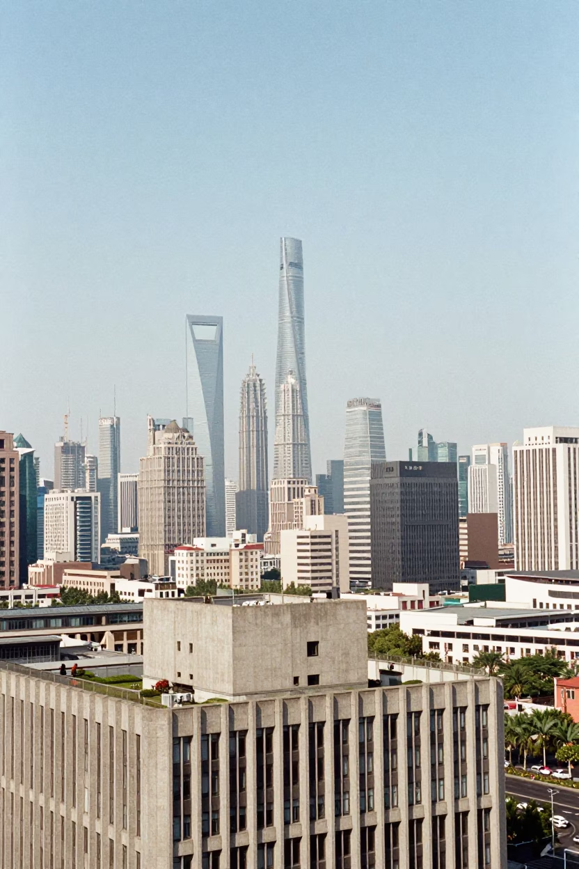 Shanghai China Noon Skyline View with Concrete Brutalist Architecture and Urban Landscape in in Shanghai, China