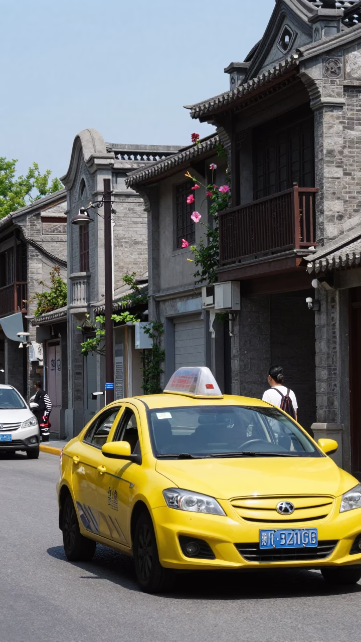 Shanghai China Noon Street Scene with Yellow Taxi and Hibiscus Flower in in Shanghai, China