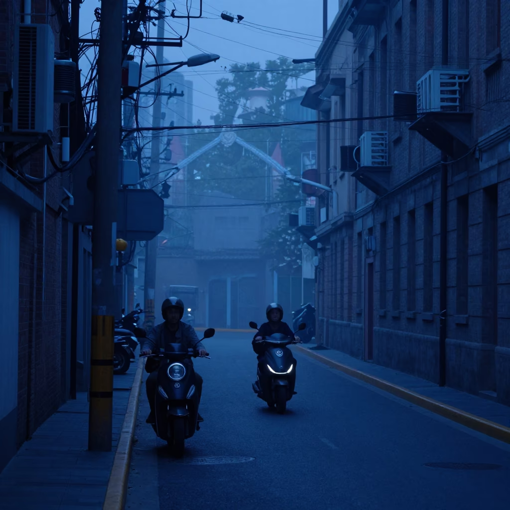 Shanghai China Pre-Dawn Street Scene with Scooter and Ice Tongs Near Tunnel Portal in in Shanghai, China