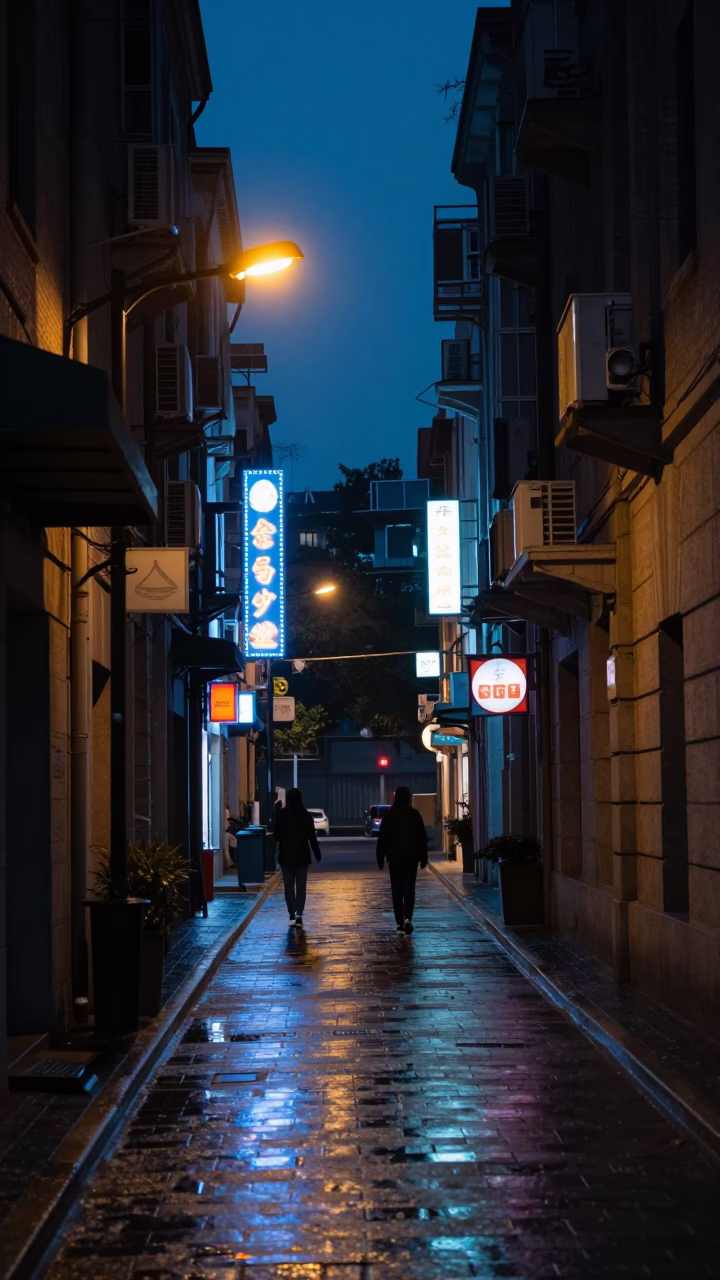 Shanghai China Predawn Street Scene with Neon Lights and Urban Details in in Shanghai, China