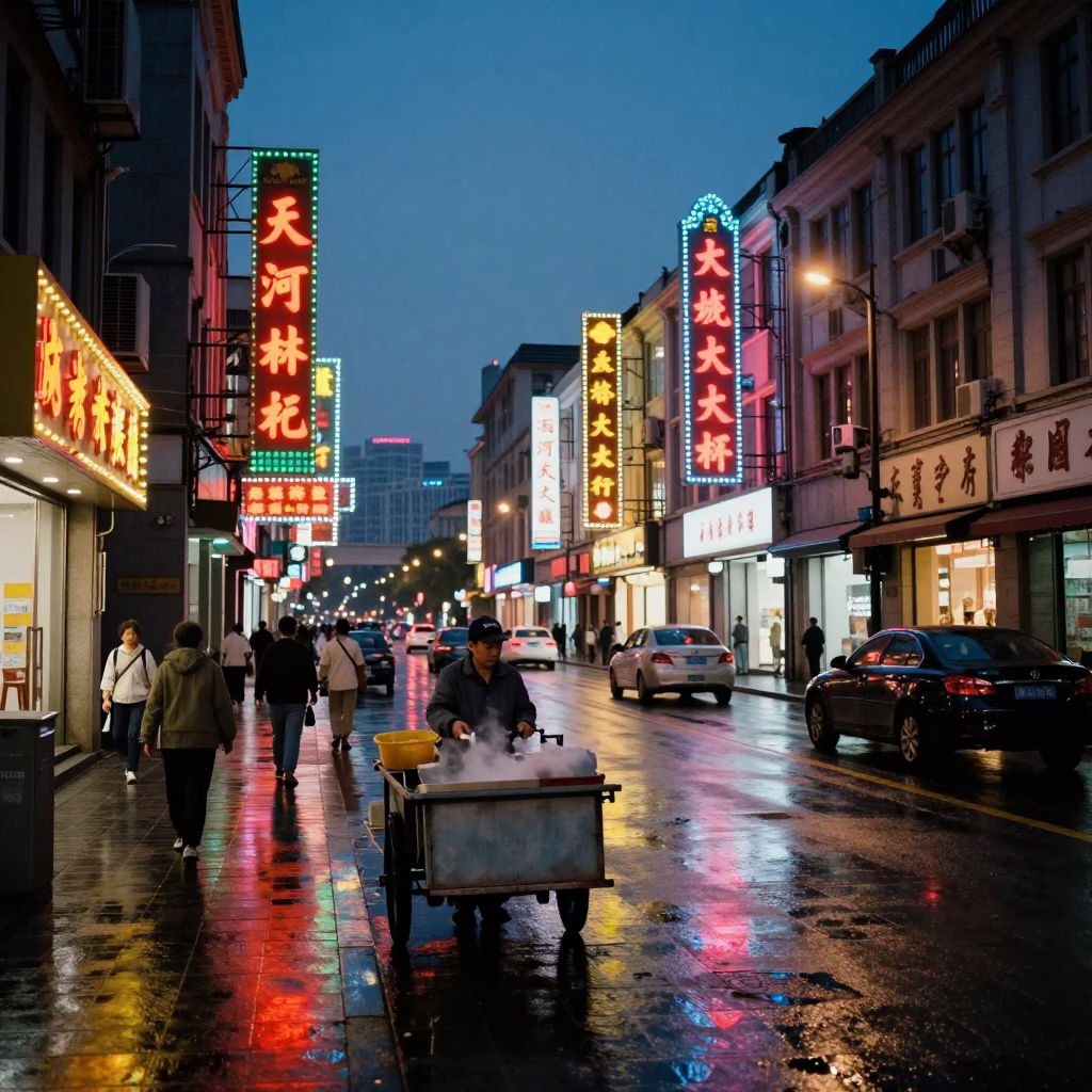 Shanghai China predawn street scene with neon signs and bustling early morning activity in in Shanghai, China