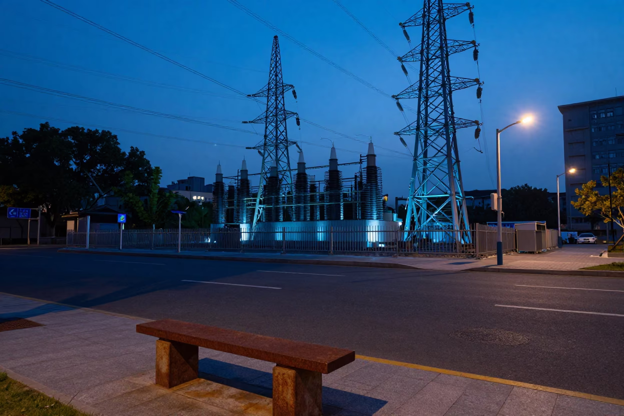 Shanghai China Predawn Street Scene with Rusty Bench and Power Substation Lattice in in Shanghai, China